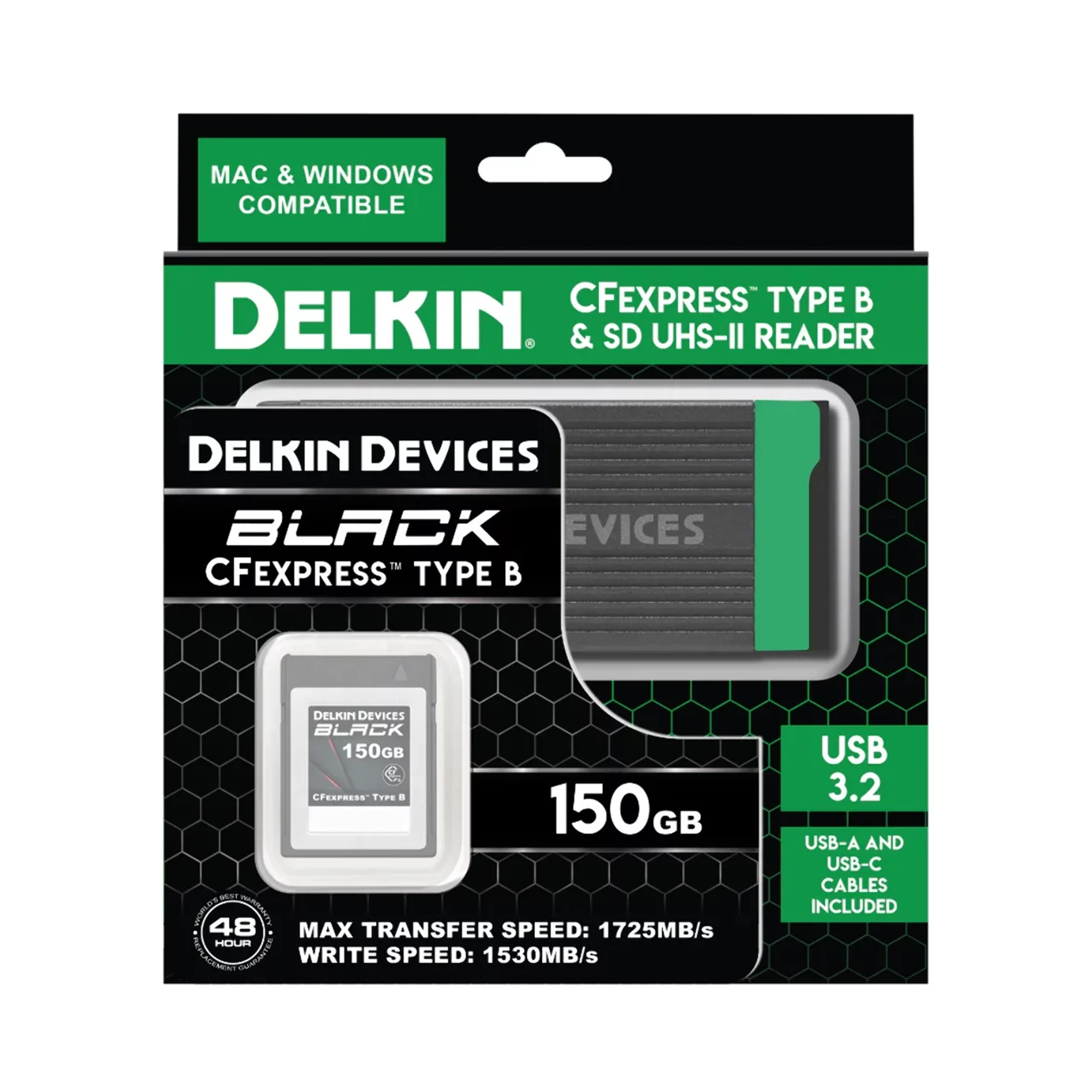 Dispositivi Delkin, Delkin Devices Black 150GB BLACK Scheda di memoria CFExpress tipo B con lettore di schede di memoria USB 3.2 CFexpress tipo B e SD UHS-II